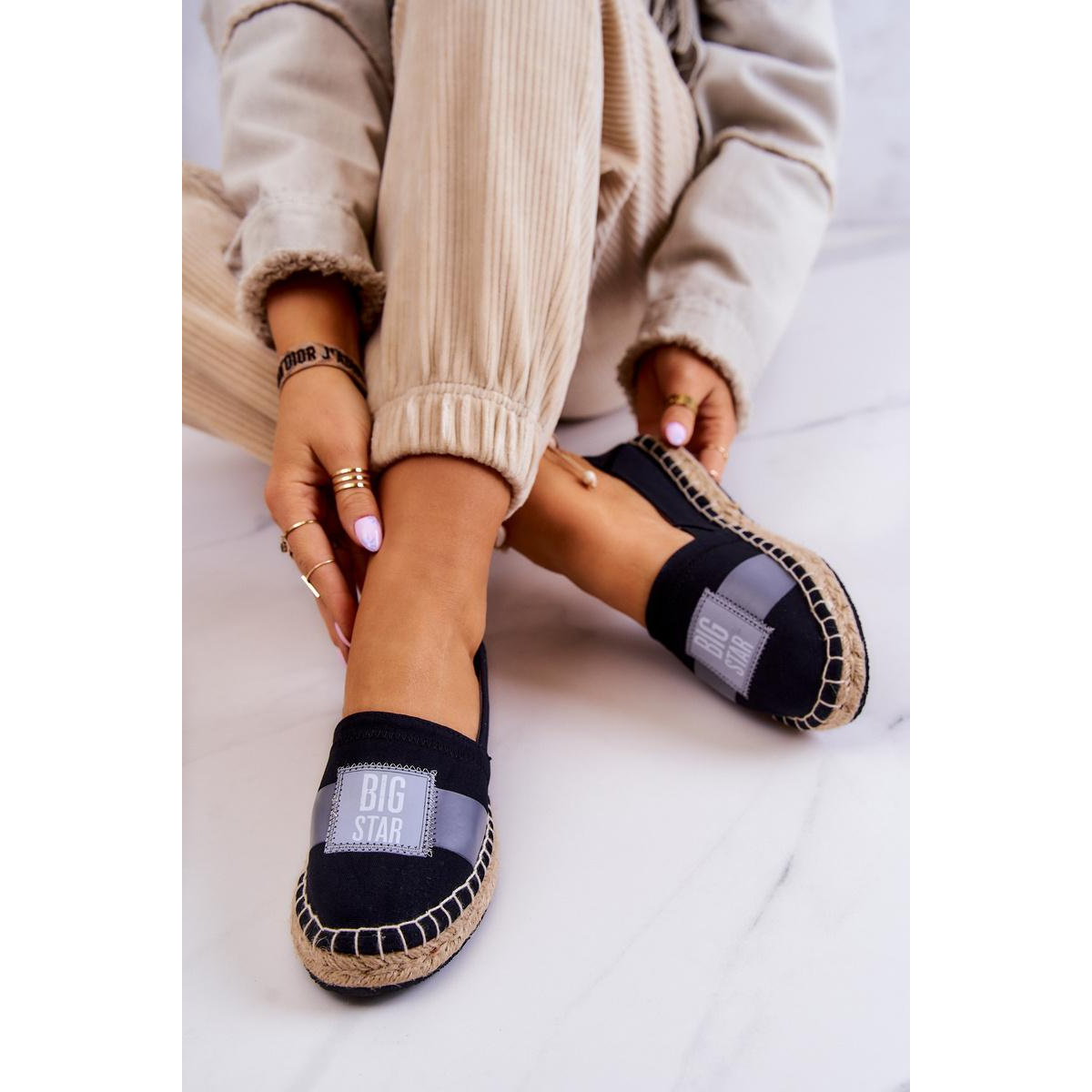 Dámska posuvná espadrilles veľká hviezda JJ274963 čierna - Čierna