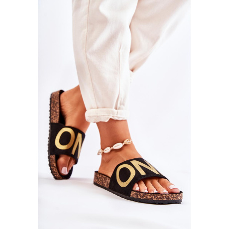 Klasické sklzné žabky s nápisom Black and Gold Bahari - Čierna || Zlatá