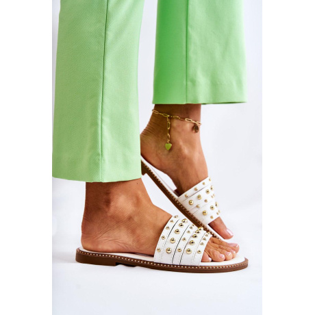 Dámska kožená flip -flops s dekoráciou biely brien - Biela