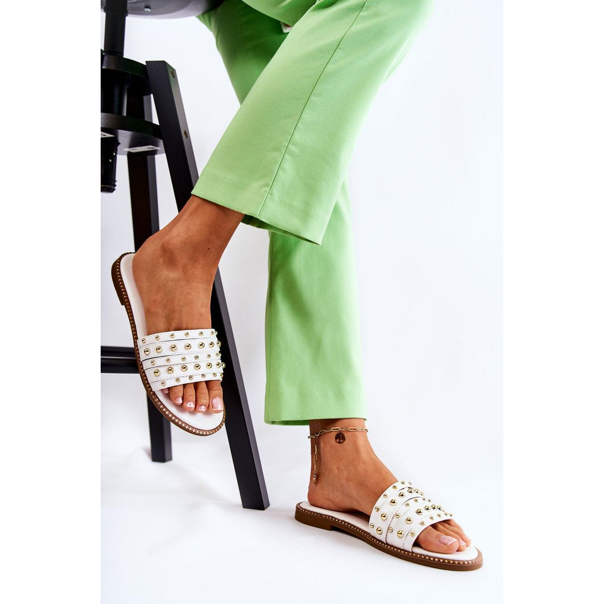Dámska kožená flip -flops s dekoráciou biely brien - Biela
