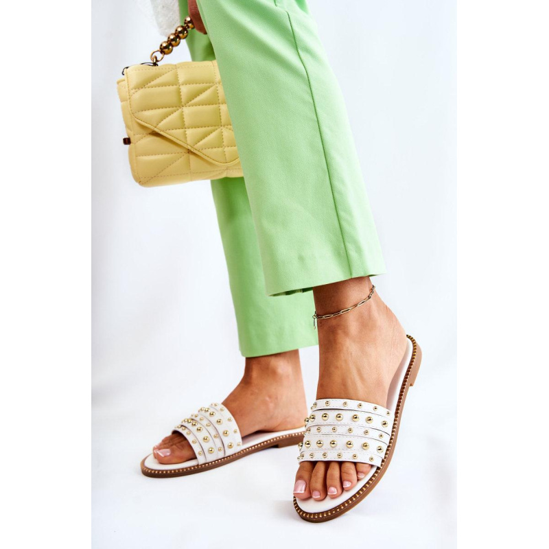 Dámska kožená flip -flops s dekoráciou biely brien - Biela