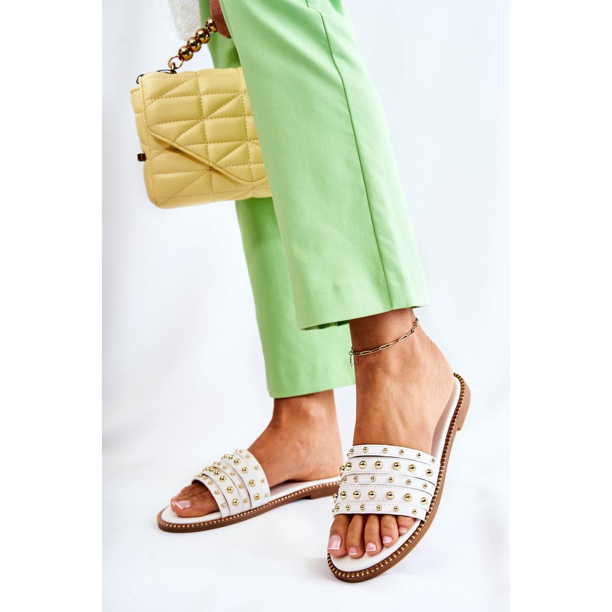 Dámska kožená flip -flops s dekoráciou biely brien - Biela