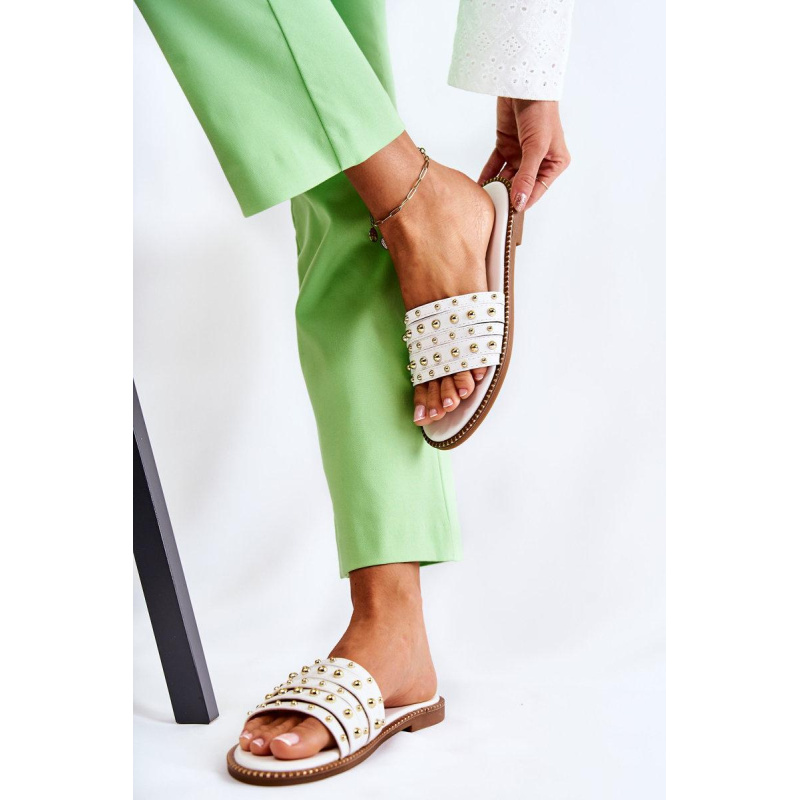 Dámska kožená flip -flops s dekoráciou biely brien - Biela