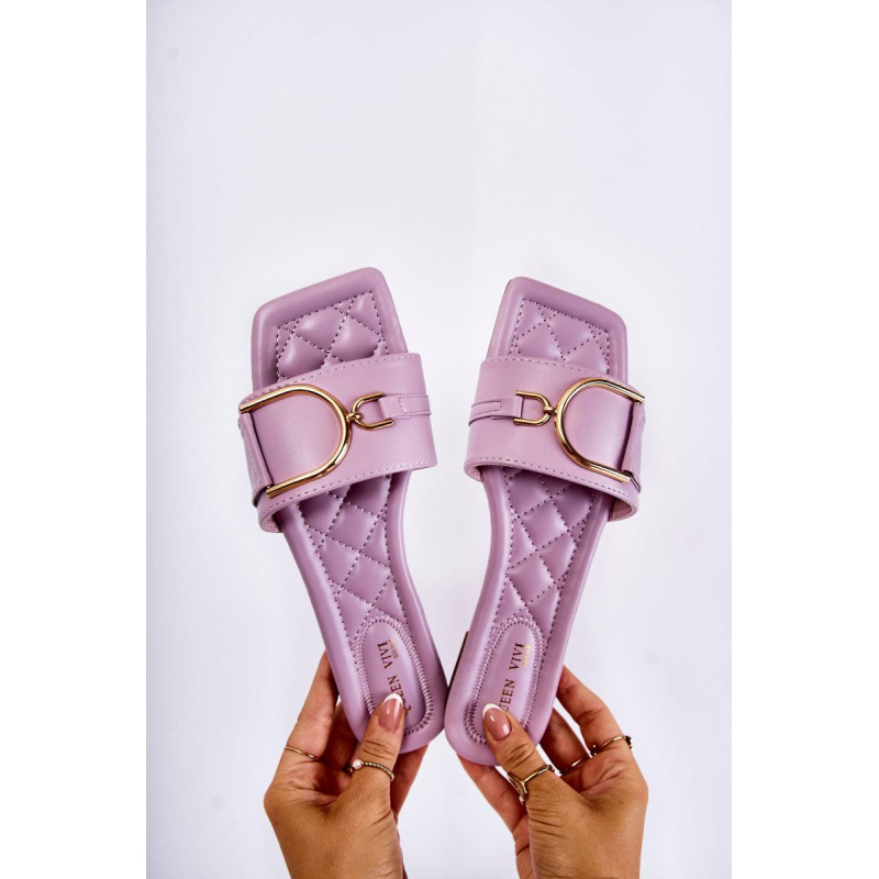 Dámska kožená klasická flip -flops s dekoráciou shilla - Odtiene fialovej