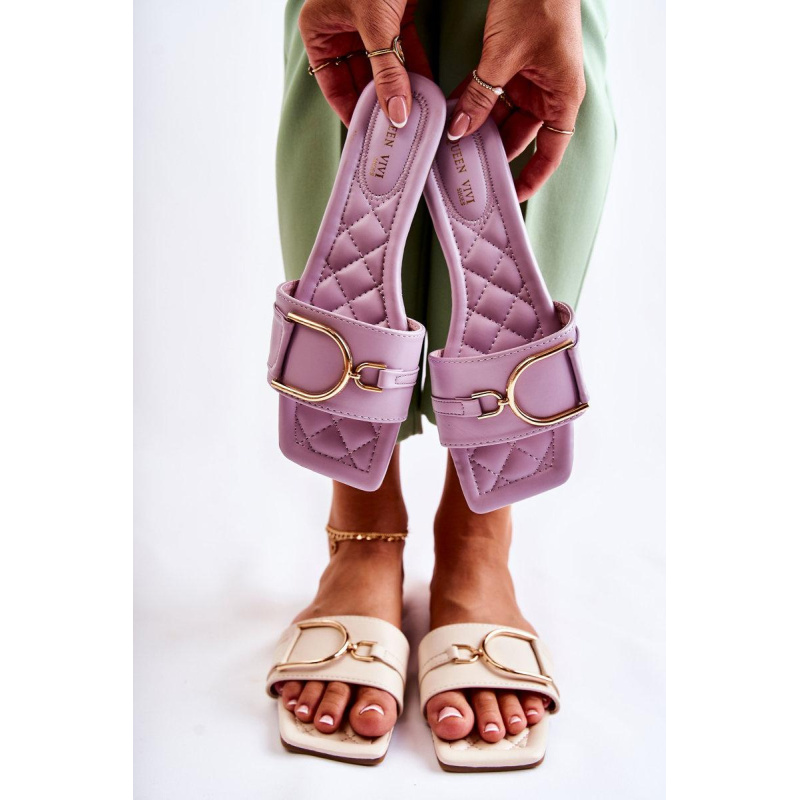 Dámska kožená klasická flip -flops s dekoráciou shilla - Odtiene fialovej