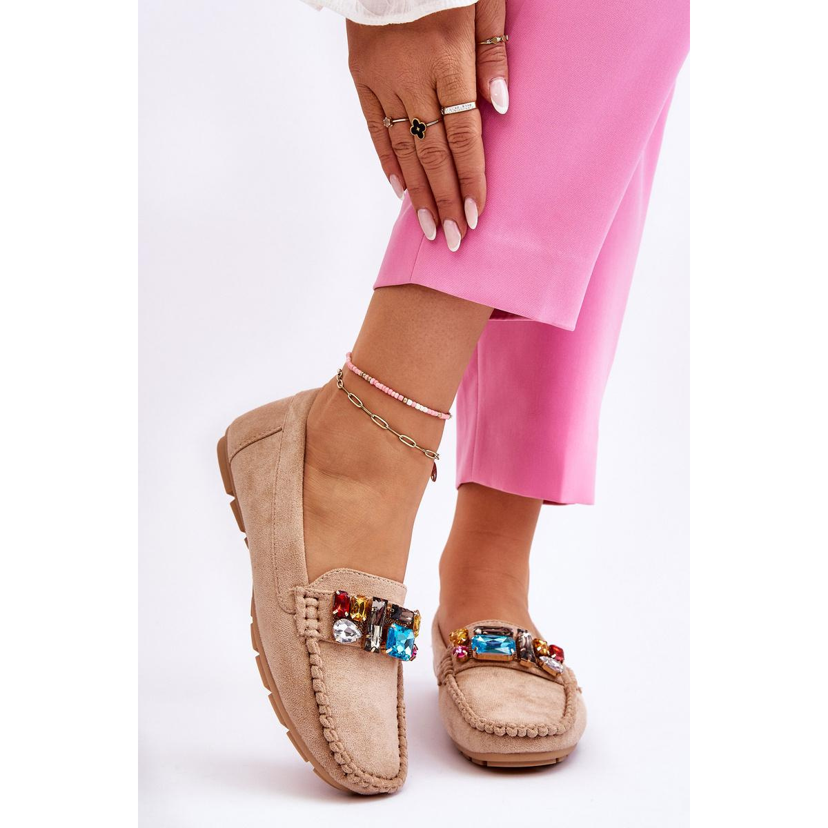 Ženské semišové mokasíny s kryštálmi Beige Lucille - Béžová