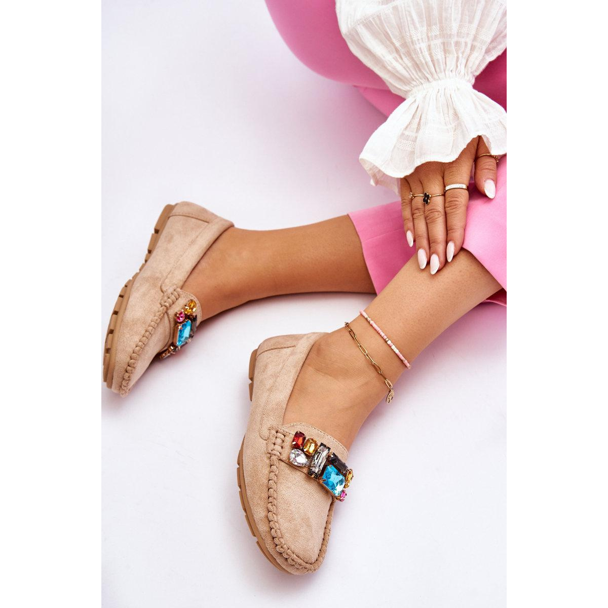 Ženské semišové mokasíny s kryštálmi Beige Lucille - Béžová