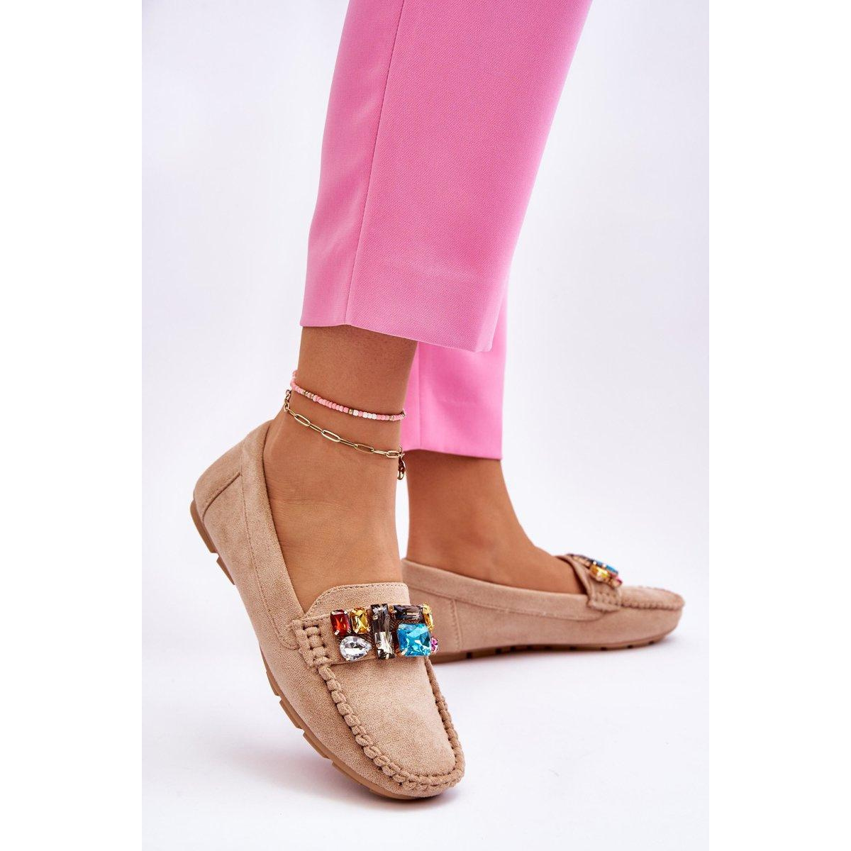Ženské semišové mokasíny s kryštálmi Beige Lucille - Béžová