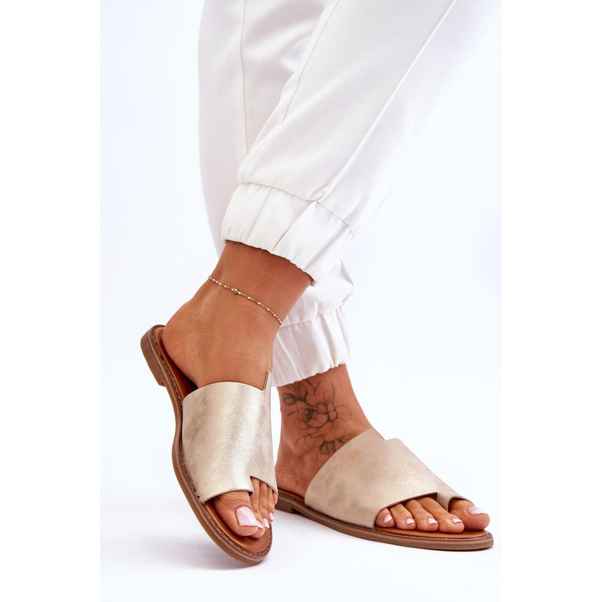 Dámska kožená kožená flip -flops svetlo -amitovaný amit - Zlatá