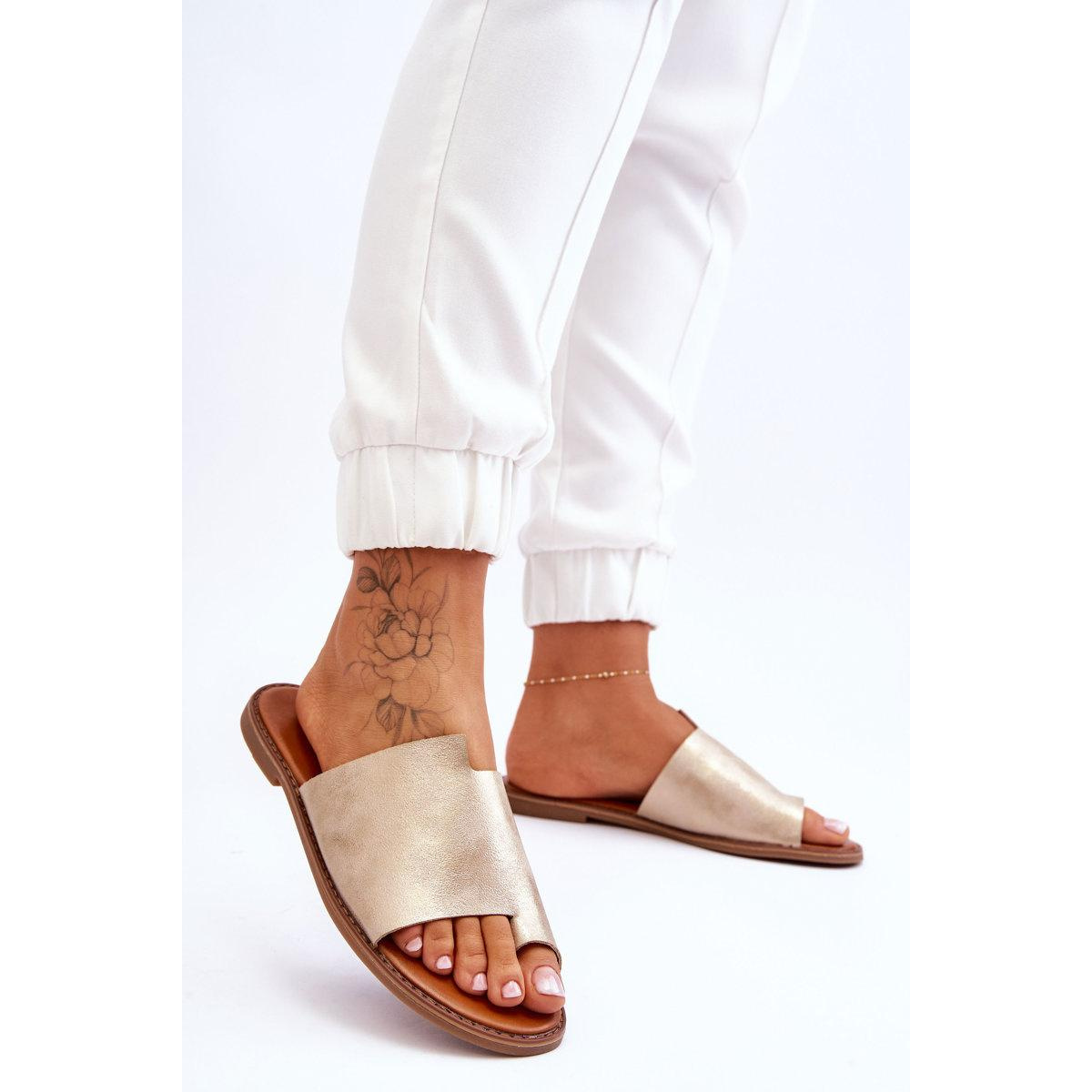 Dámska kožená kožená flip -flops svetlo -amitovaný amit - Zlatá