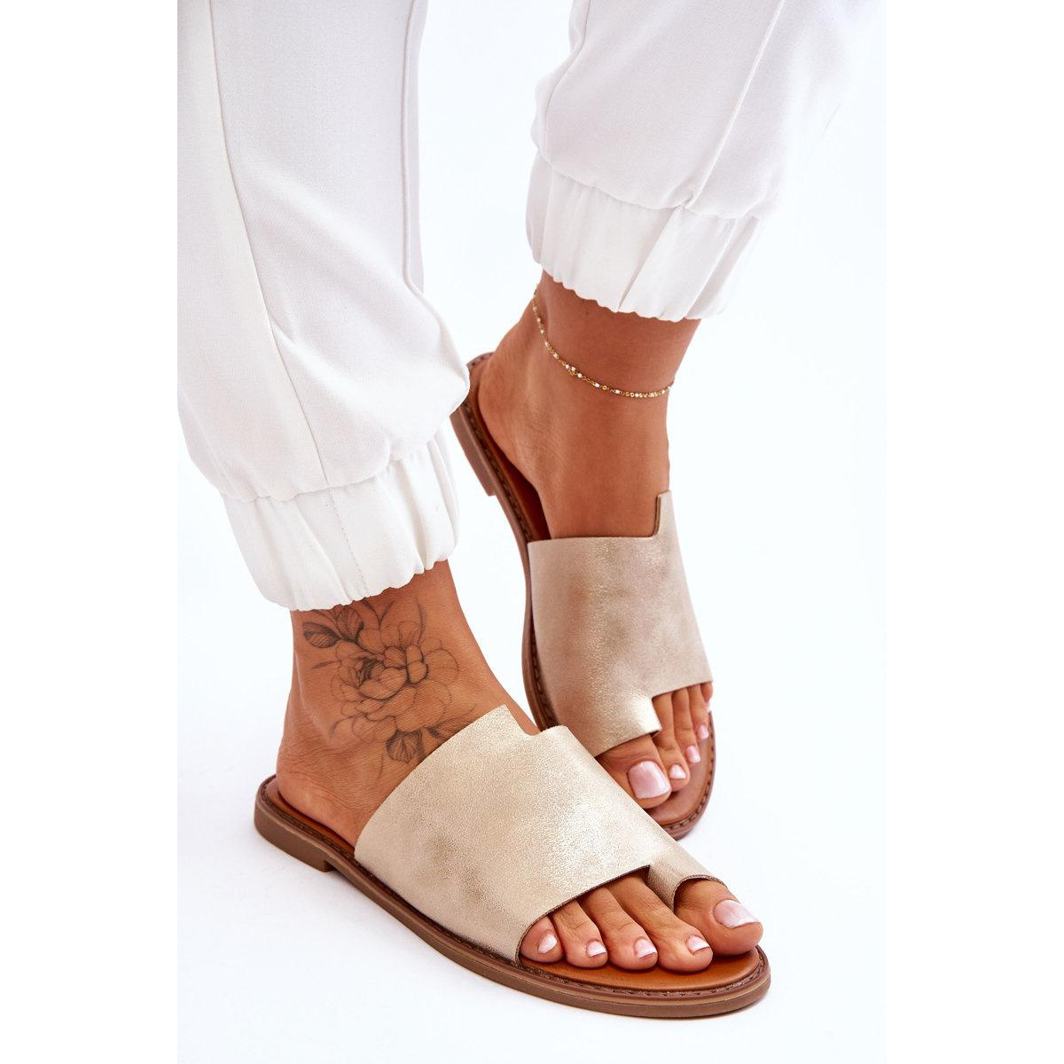 Dámska kožená kožená flip -flops svetlo -amitovaný amit - Zlatá
