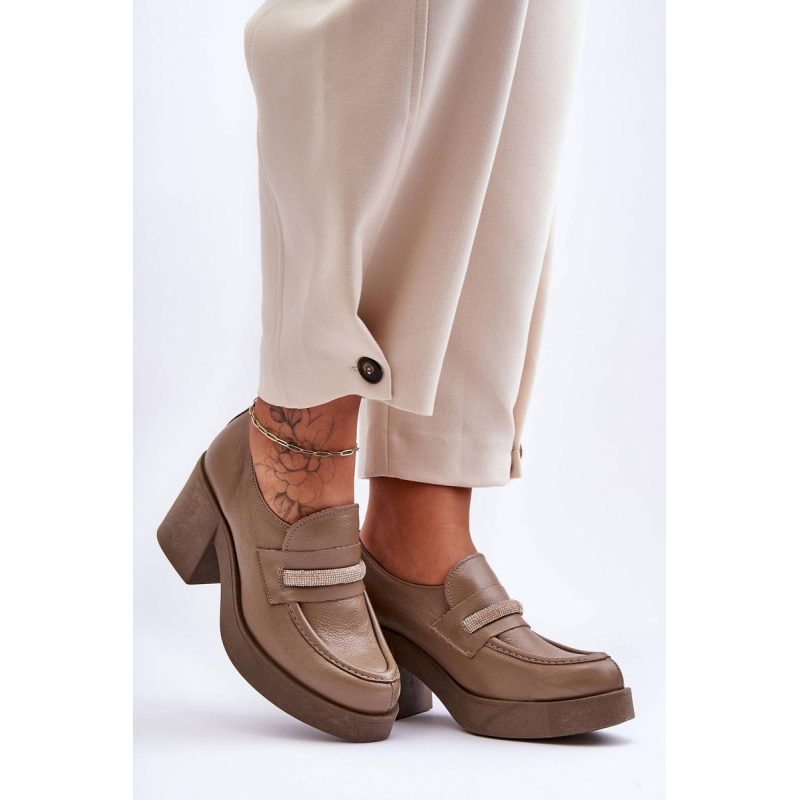 Kožené topánky na stĺpiku s dekoráciou tmavá béžová lemar gelanor - Béžová