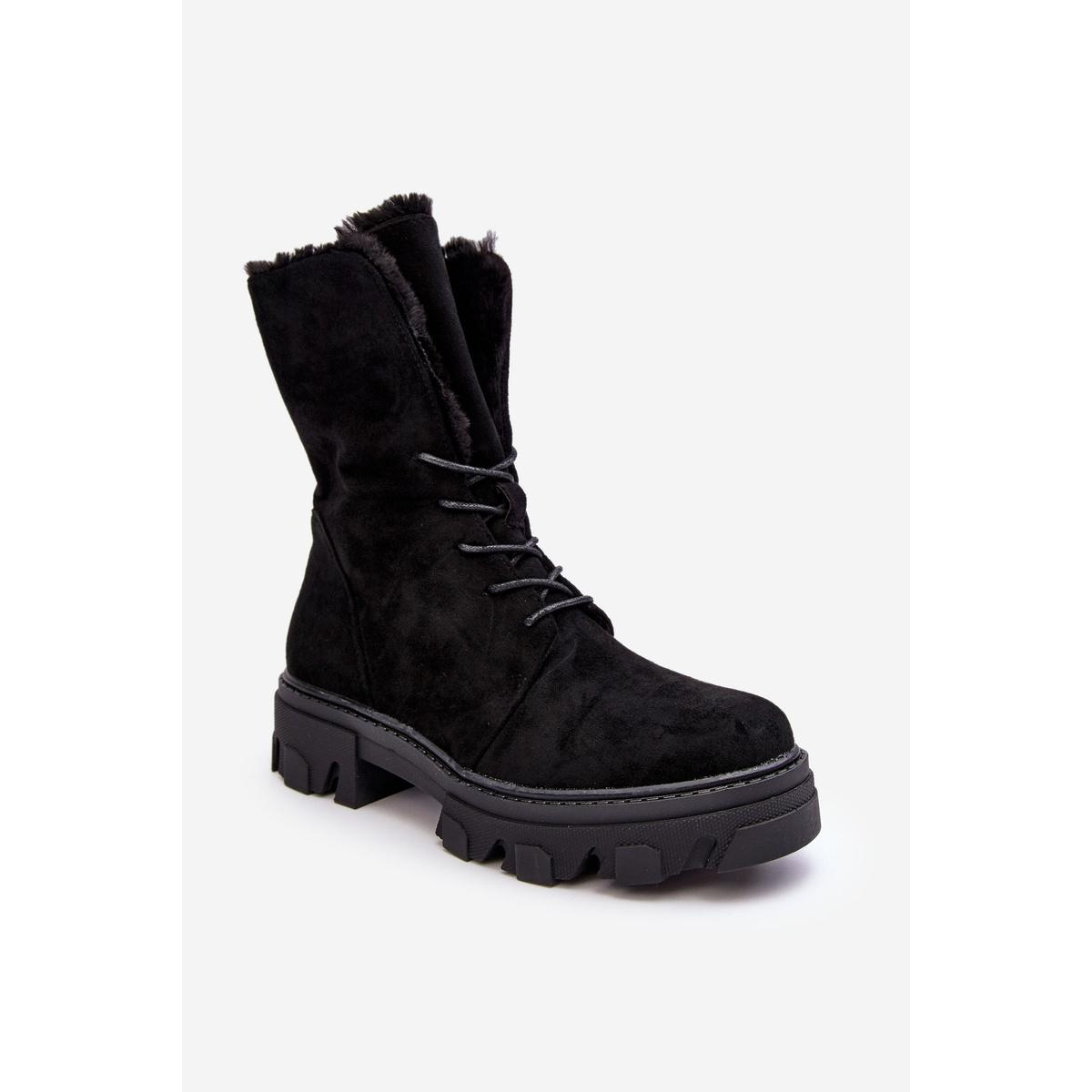 Suede Lace -up Boots Workers s kožušinou Black Frendo - Čierna