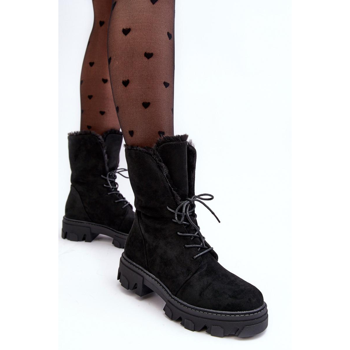 Suede Lace -up Boots Workers s kožušinou Black Frendo - Čierna