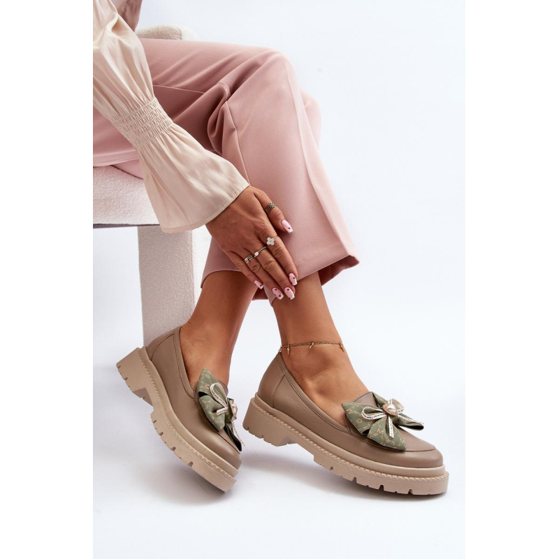 Dámske kožené mokasíny s mašľou Laura Messi 2787 Beige - Béžová
