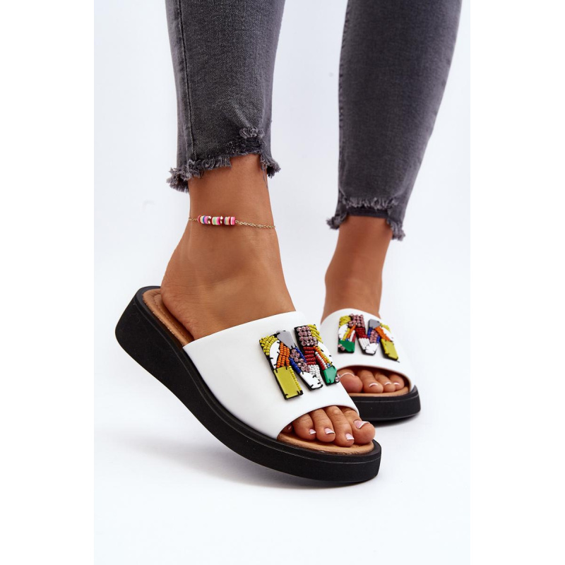 Dámska kožená platforma Flip -flops s dekoráciou béžová monroe - Biela