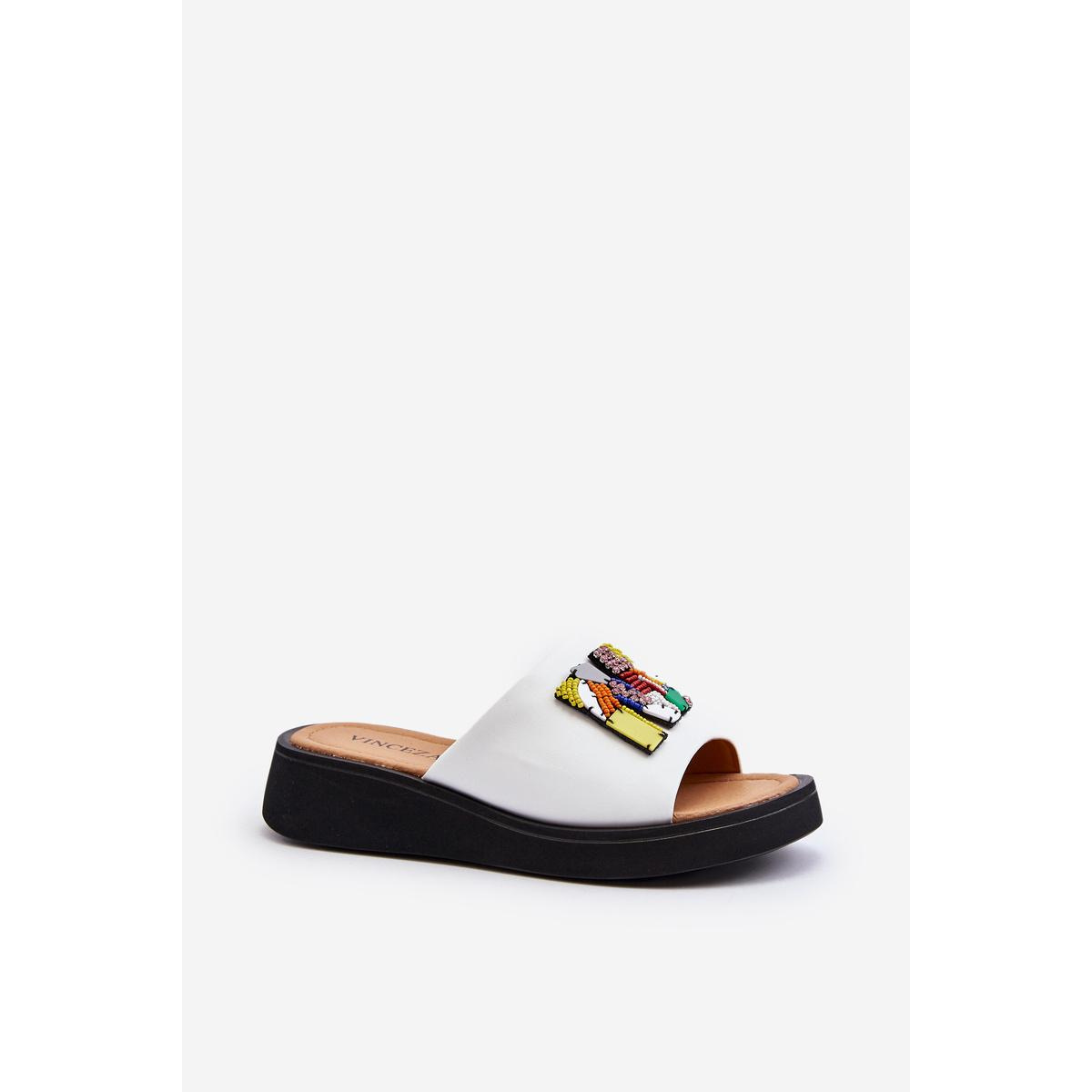 Dámska kožená platforma Flip -flops s dekoráciou béžová monroe - Biela