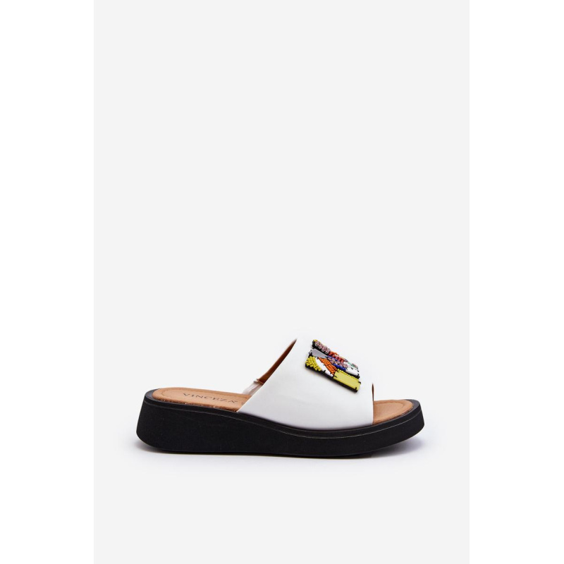 Dámska kožená platforma Flip -flops s dekoráciou béžová monroe - Biela