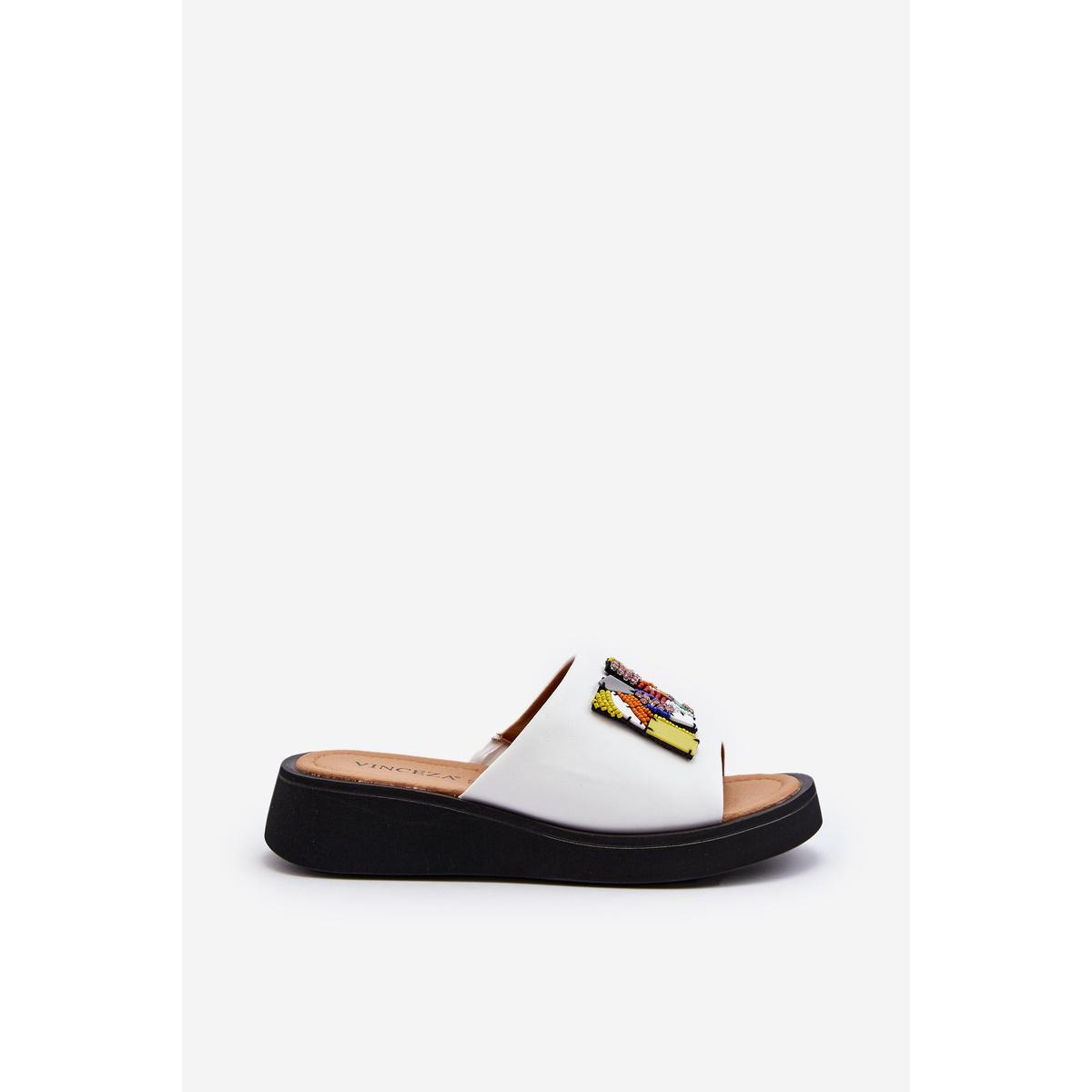Dámska kožená platforma Flip -flops s dekoráciou béžová monroe - Biela