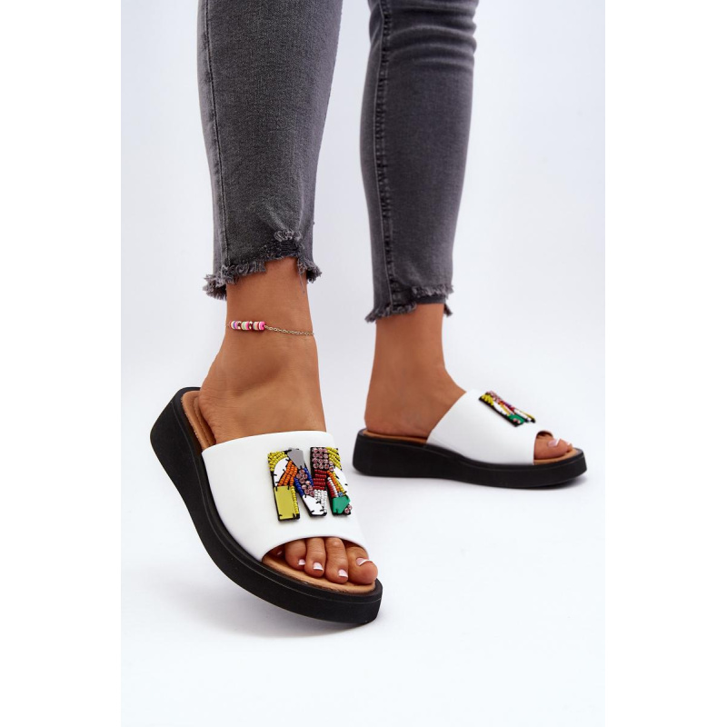 Dámska kožená platforma Flip -flops s dekoráciou béžová monroe - Biela