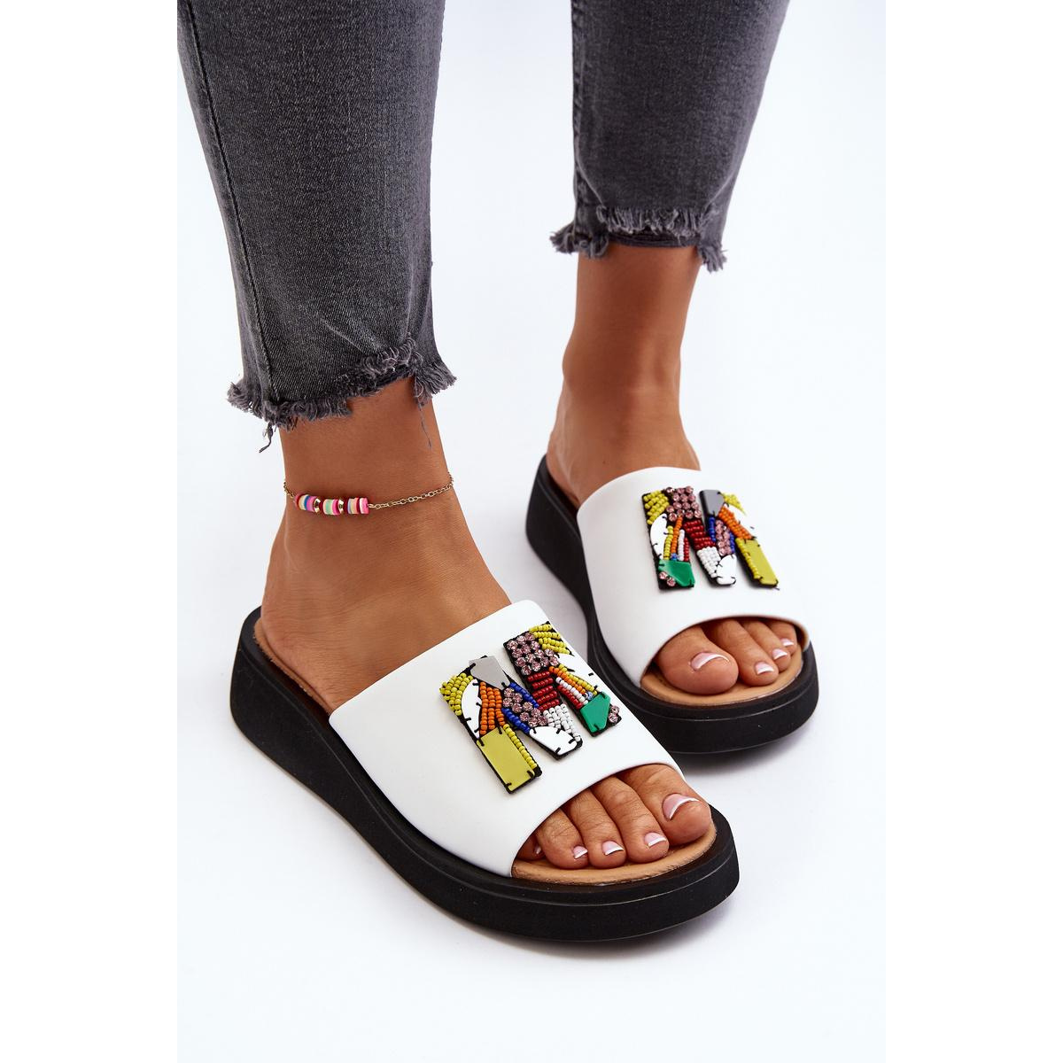 Dámska kožená platforma Flip -flops s dekoráciou béžová monroe - Biela