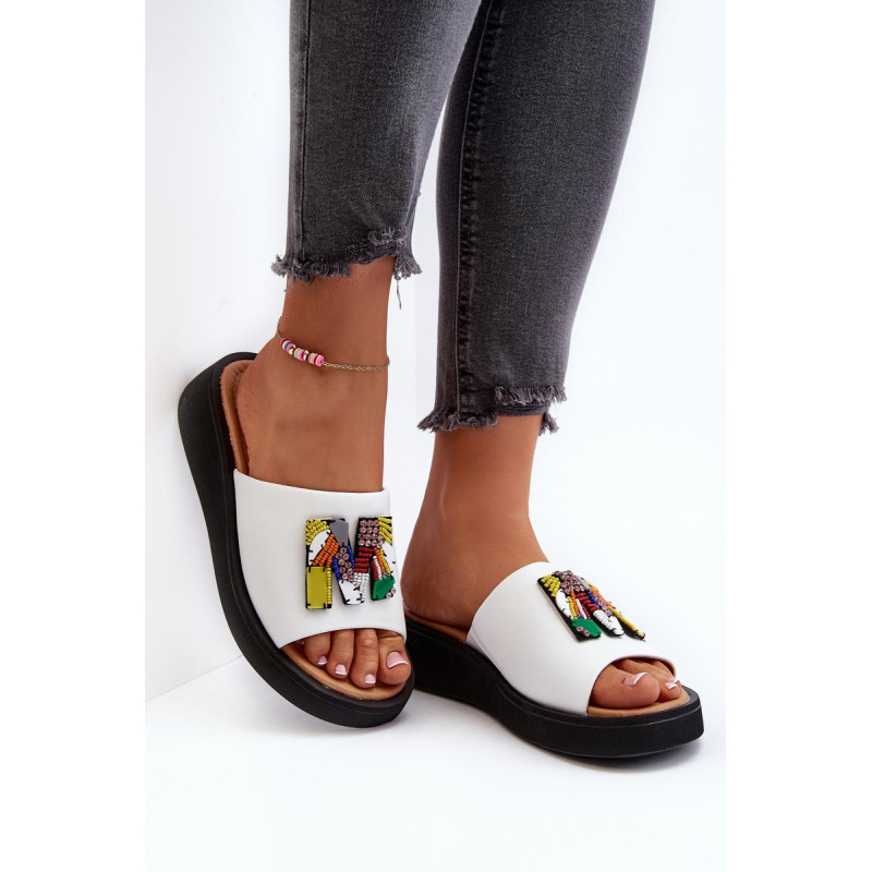 Dámska kožená platforma Flip -flops s dekoráciou béžová monroe - Biela