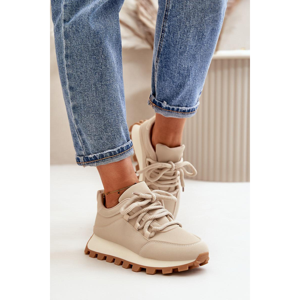 Športové Topánky Sneakers Na Platforme Z Eko Kože Béžové Riadella - Béžová
