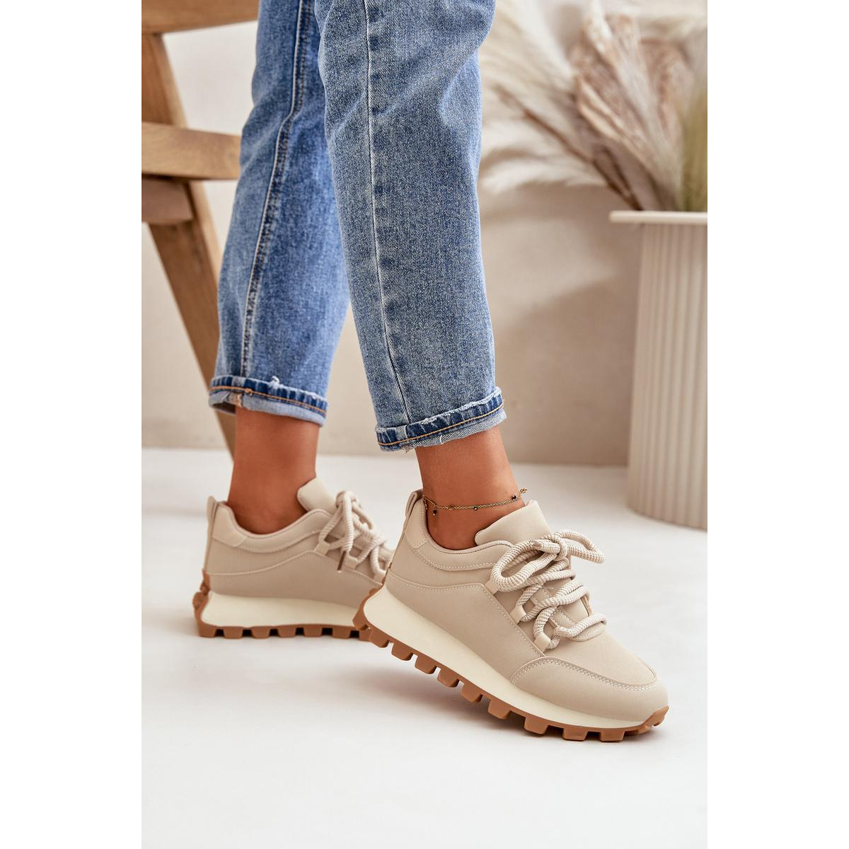 Športové Topánky Sneakers Na Platforme Z Eko Kože Béžové Riadella - Béžová