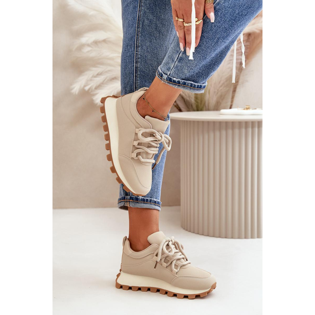 Športové Topánky Sneakers Na Platforme Z Eko Kože Béžové Riadella - Béžová