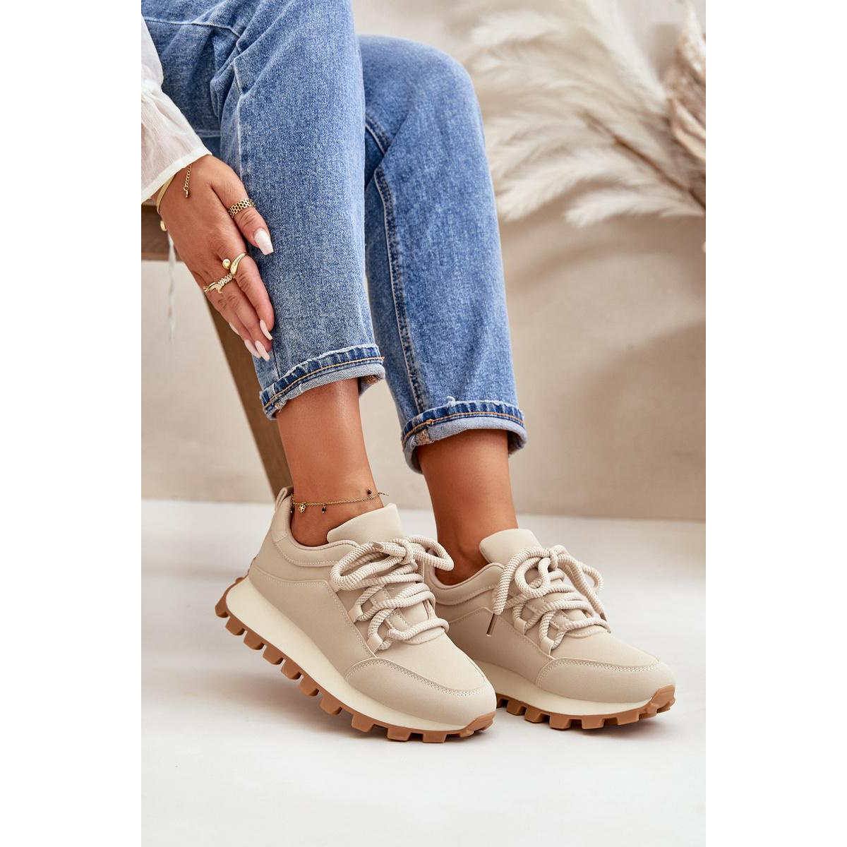 Športové Topánky Sneakers Na Platforme Z Eko Kože Béžové Riadella - Béžová