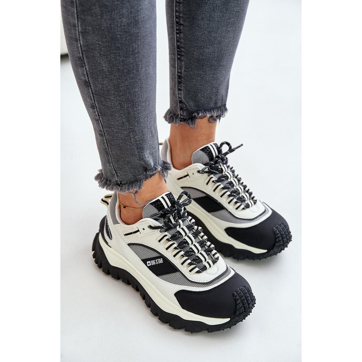 Kožené Dámske Sneakersy Na Platforme Big Star OO274A220 HI-POLY SYSTEM Biela-Čierna - Čierna || Biela