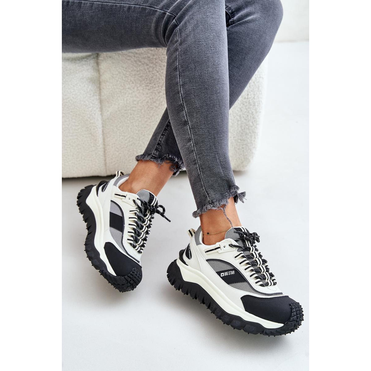 Kožené Dámske Sneakersy Na Platforme Big Star OO274A220 HI-POLY SYSTEM Biela-Čierna - Čierna || Biela