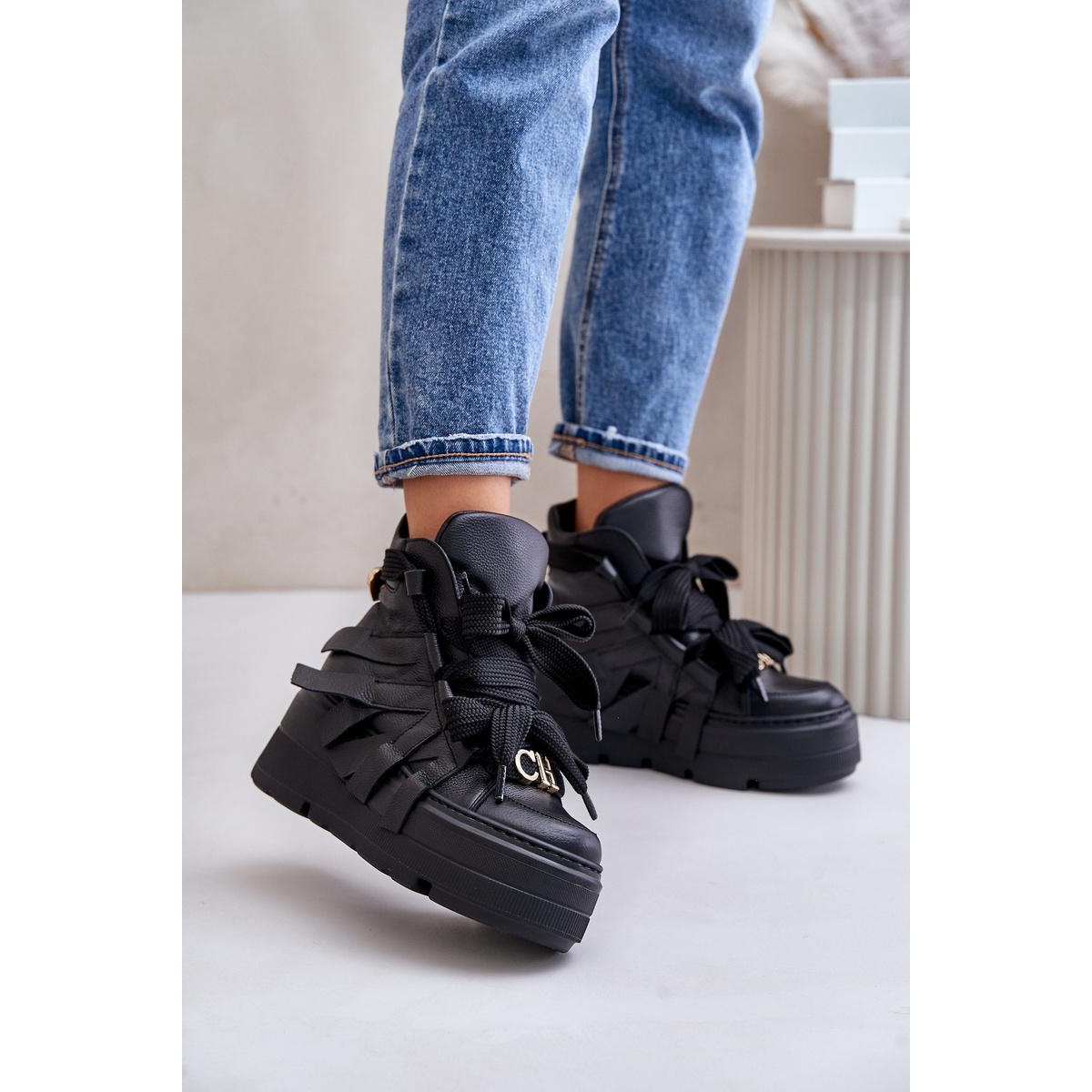 Kožené Dámske Sneakersy Na Masívnej Platforme CheBello 4561 Čierne - Čierna