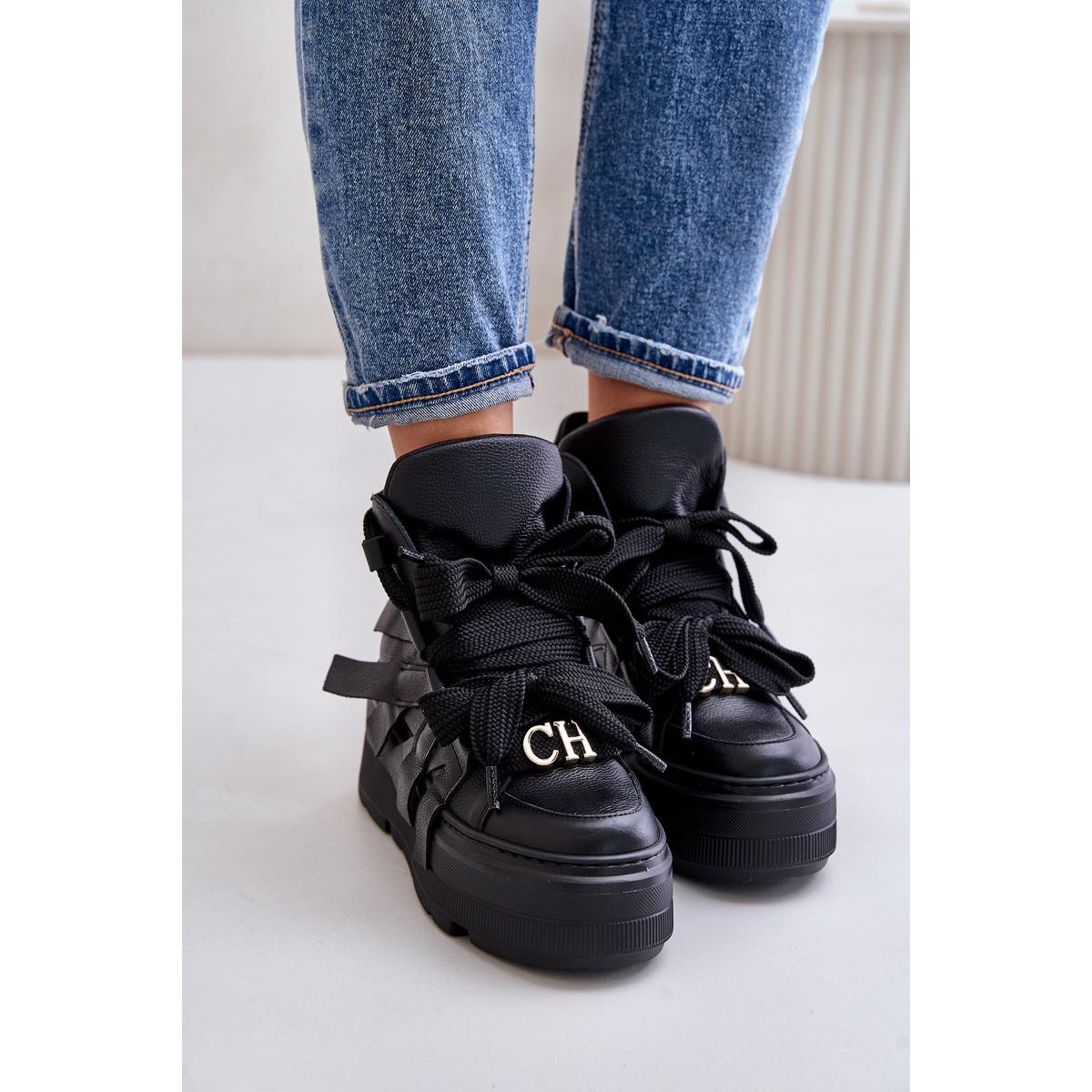 Kožené Dámske Sneakersy Na Masívnej Platforme CheBello 4561 Čierne - Čierna
