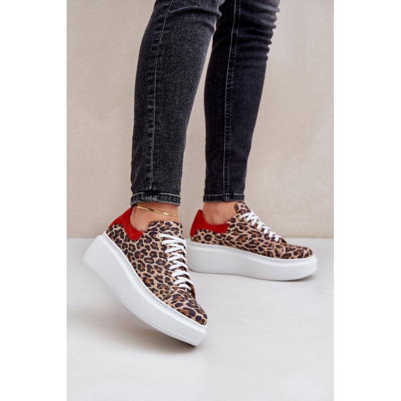 Kožené sneakersy na platforme s leopardím vzorom Zazoo 3346 hnedo-červené - Odtiene hnedej a béžovej