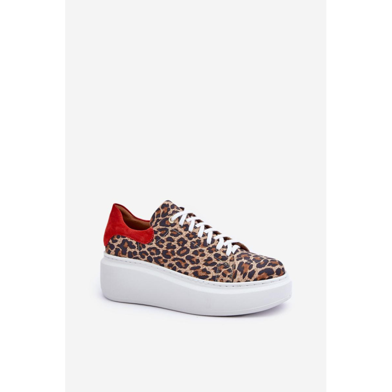 Kožené sneakersy na platforme s leopardím vzorom Zazoo 3346 hnedo-červené - Odtiene hnedej a béžovej