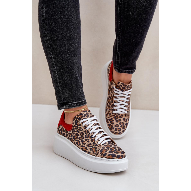 Kožené sneakersy na platforme s leopardím vzorom Zazoo 3346 hnedo-červené - Odtiene hnedej a béžovej