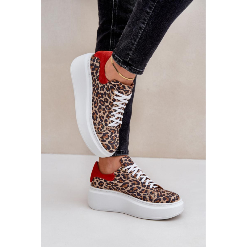Kožené sneakersy na platforme s leopardím vzorom Zazoo 3346 hnedo-červené - Odtiene hnedej a béžovej