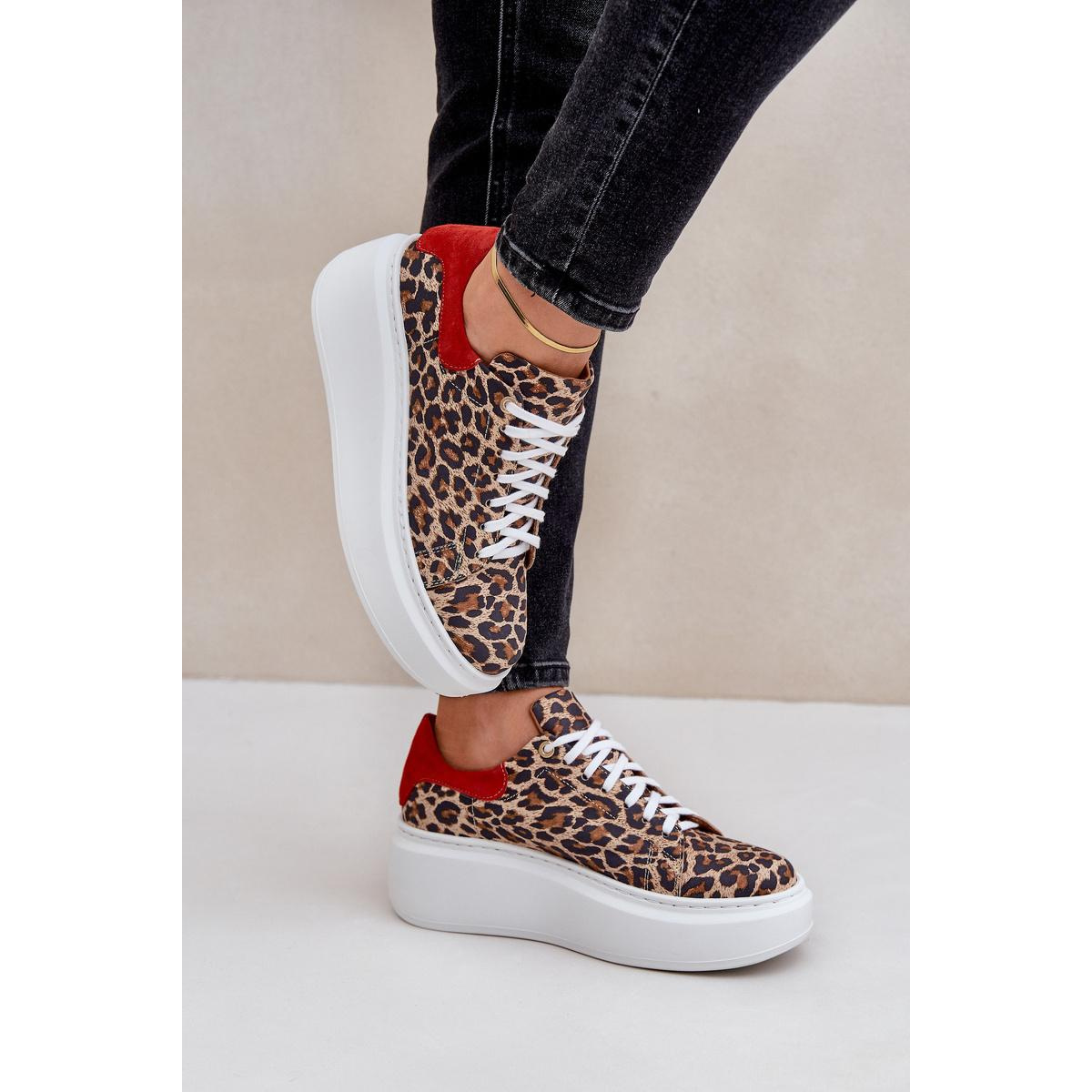 Kožené sneakersy na platforme s leopardím vzorom Zazoo 3346 hnedo-červené - Odtiene hnedej a béžovej