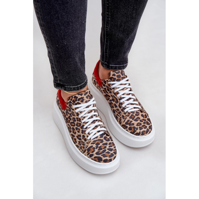 Kožené sneakersy na platforme s leopardím vzorom Zazoo 3346 hnedo-červené - Odtiene hnedej a béžovej
