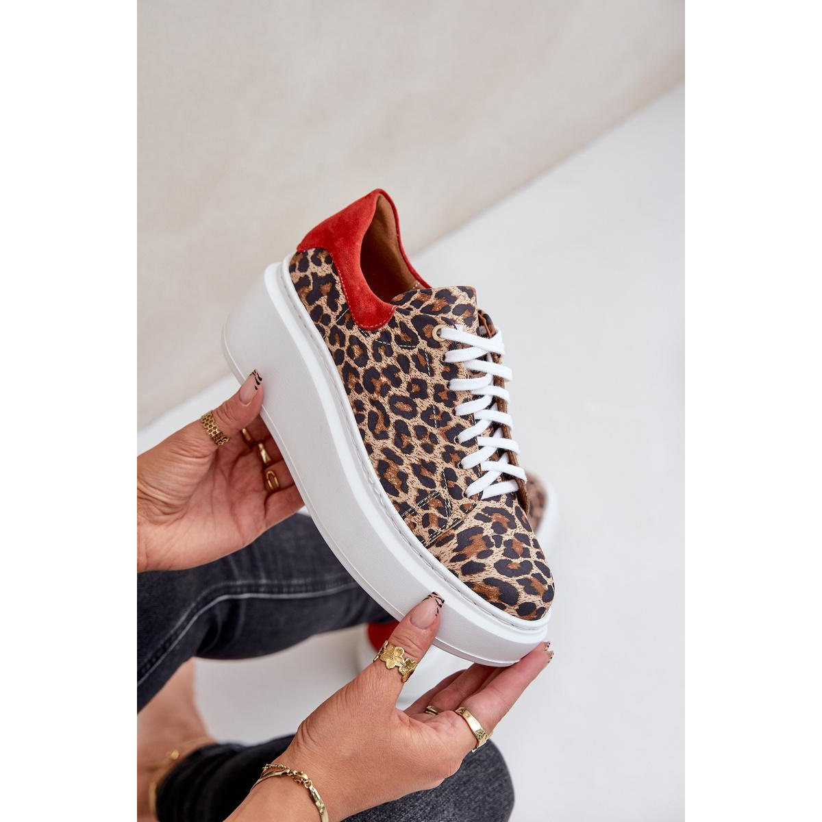 Kožené sneakersy na platforme s leopardím vzorom Zazoo 3346 hnedo-červené - Odtiene hnedej a béžovej