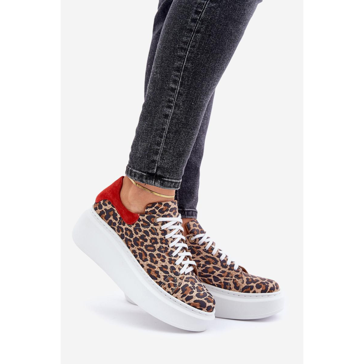 Kožené sneakersy na platforme s leopardím vzorom Zazoo 3346 hnedo-červené - Odtiene hnedej a béžovej
