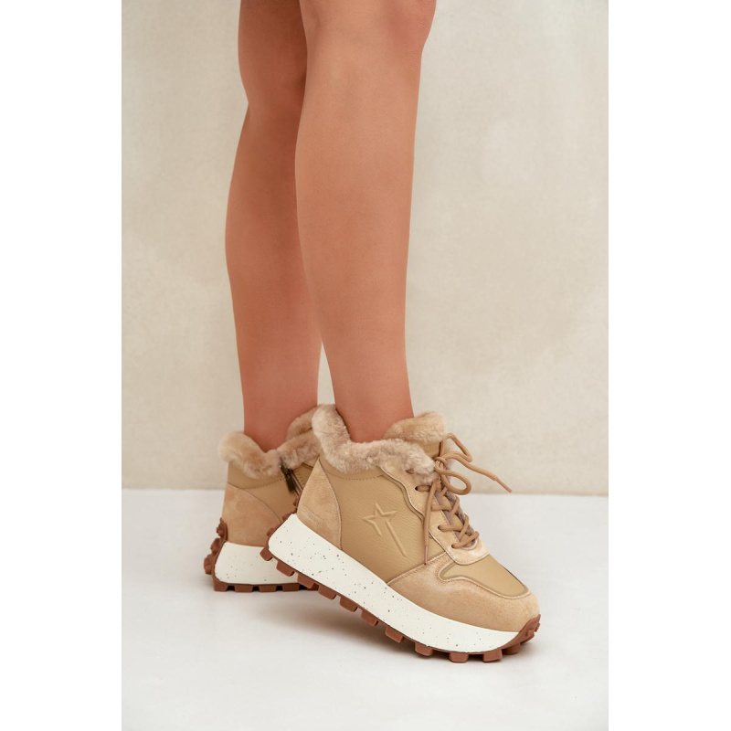 Kožené Sneakersy Čižmy Dámske S Kožušinou Na Platforme Big Star OO274A330 Béžové - Béžová