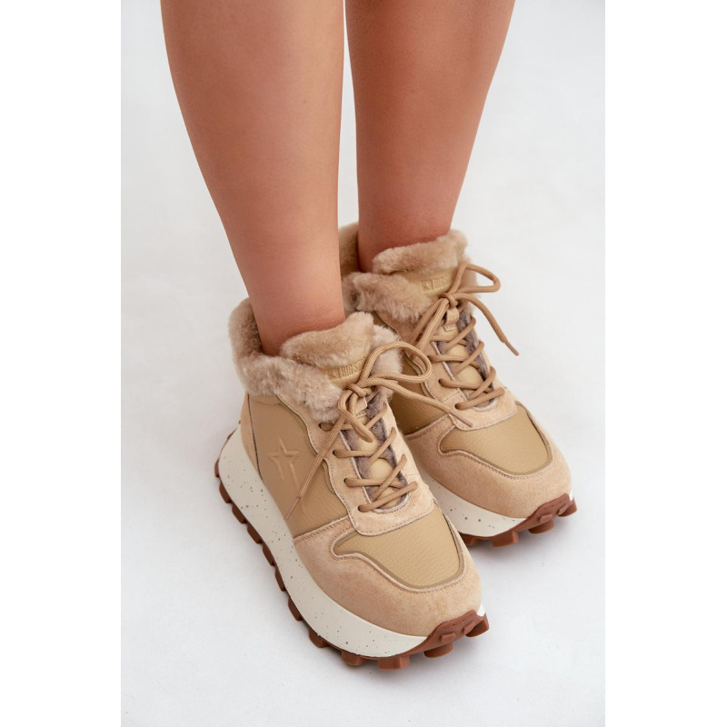 Kožené Sneakersy Čižmy Dámske S Kožušinou Na Platforme Big Star OO274A330 Béžové - Béžová