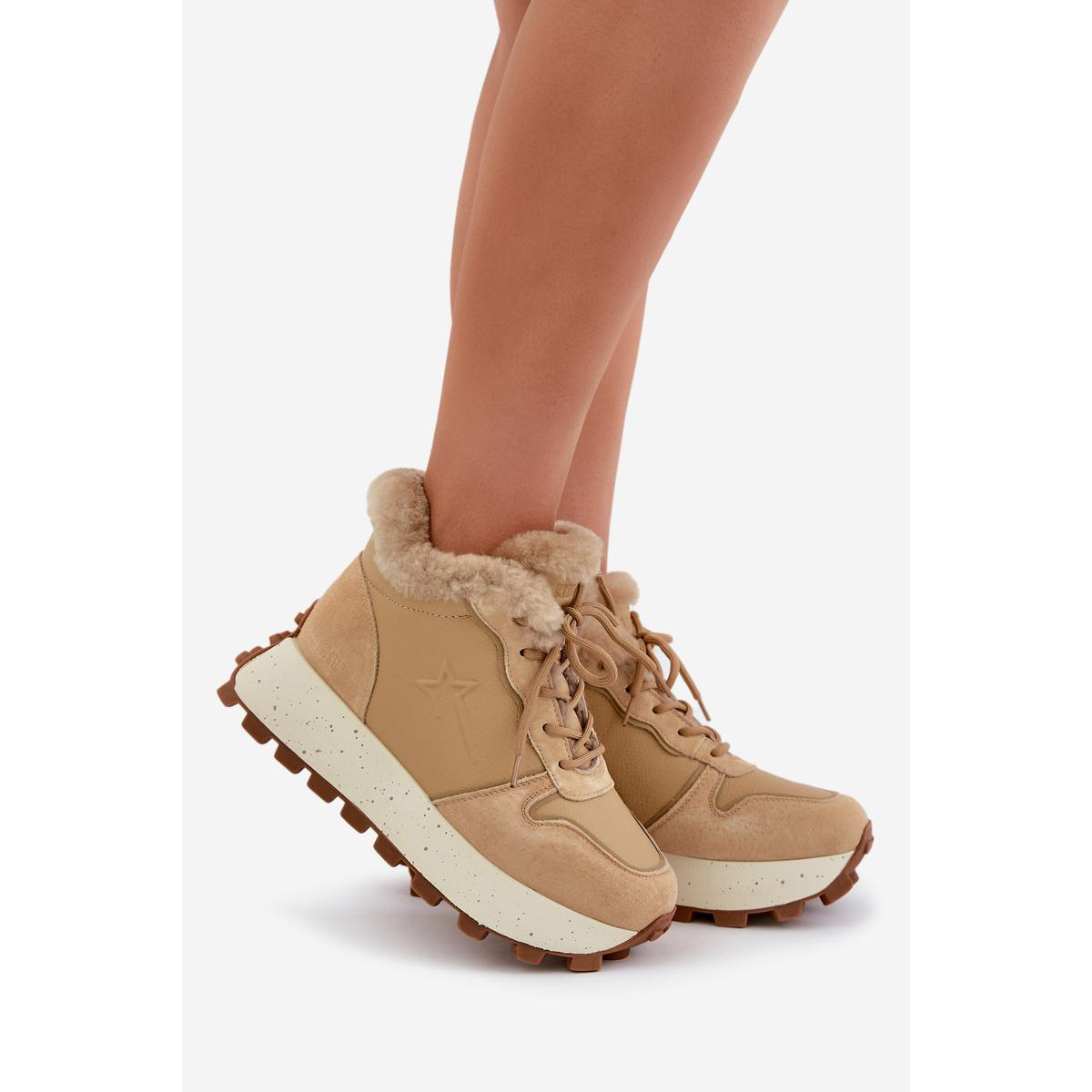 Kožené Sneakersy Čižmy Dámske S Kožušinou Na Platforme Big Star OO274A330 Béžové - Béžová