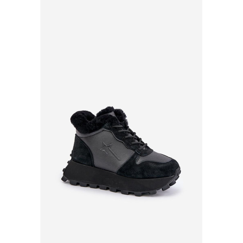 Kožené Sneakersy Čižmy Dámske S Kožušinou Na Platforme Big Star OO274A329 Čierne - Čierna