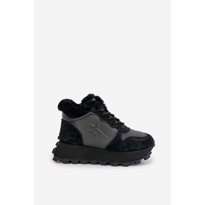 Kožené Sneakersy Čižmy Dámske S Kožušinou Na Platforme Big Star OO274A329 Čierne - Čierna