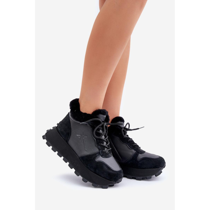 Kožené Sneakersy Čižmy Dámske S Kožušinou Na Platforme Big Star OO274A329 Čierne - Čierna