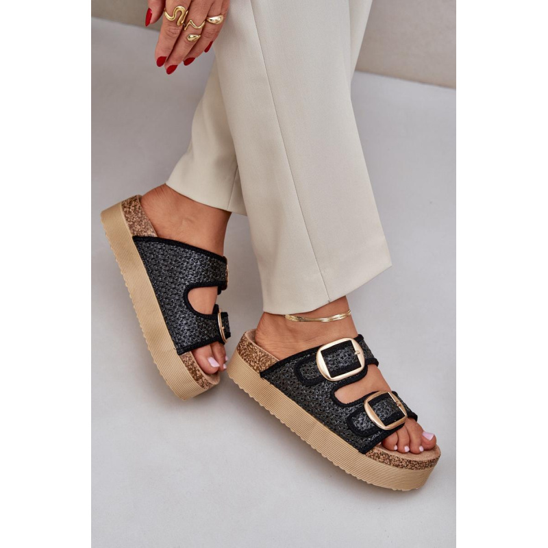 Sandal s Pletením A Sponami Na Masívnej Platforme Čierne Aralissea - Čierna