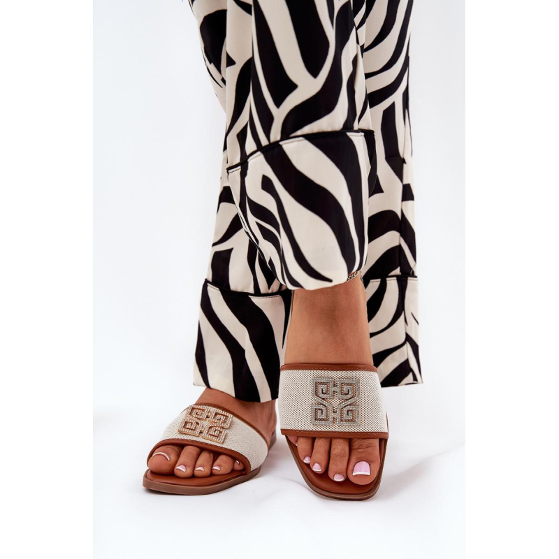 Elegantné Dámske Papuče S Dekoráciou Na Plochom Opätku Camel Lovehia - Odtiene hnedej a béžovej
